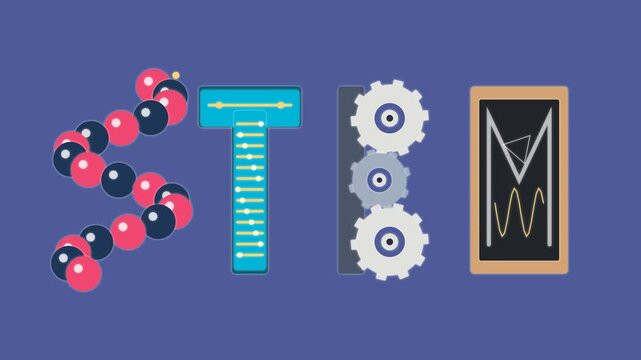 Stem education concept animation with animated science dna molecule, technology sliders, engineering gears, and mathematics wave symbols on blue background