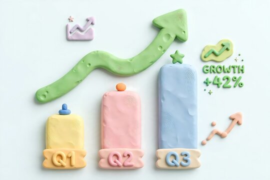 Claymation style bar graph with upward trending arrow indicating financial growth and positive progress in business quarters Q1, Q2, Q3, with percentage increase data