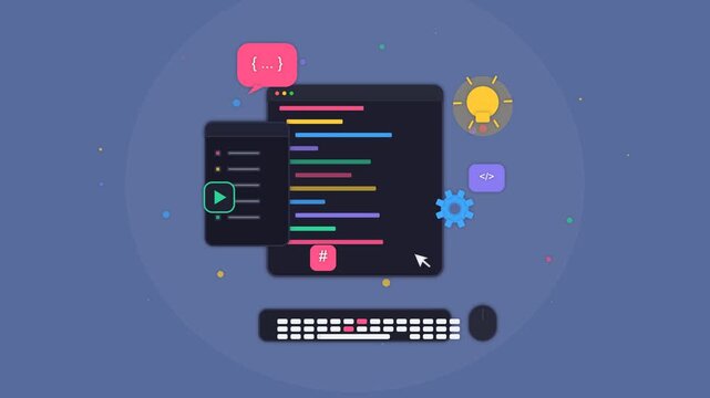 Flat coding and software development animation with computer screen, keyboard, and programming icons