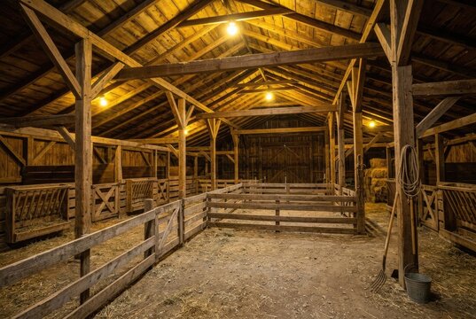 Interior view of a wooden barn illuminated by warm lights.