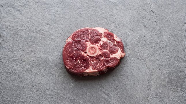 Raw beef osso buco steak with a central marrow bone displayed flat on a textured grey slate surface, captured from a direct top-down perspective with even diffuse illumination.