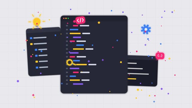 Animated coding and software development interface with floating icons and code snippets in modern flat style