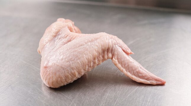 Raw chicken wing positioned on a brushed metal table background in a kitchen.