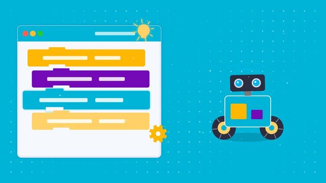 Cute cartoon robot character with coding interface and program blocks for software development and tech education animation