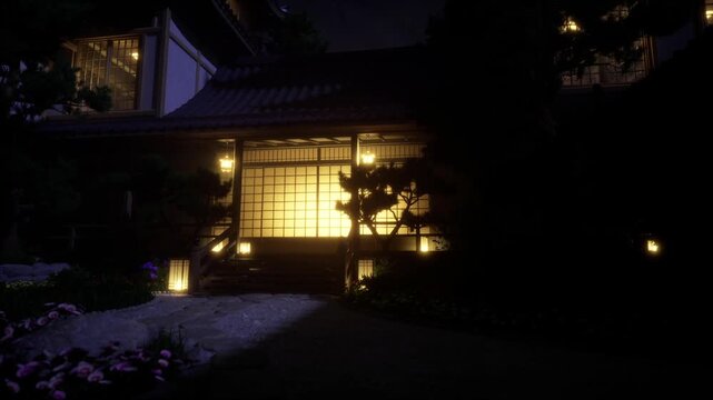 Moonlit courtyard gate under shadowed bamboo, tiles and roof silhouettes, dim lantern glow hinting at ritual, tense cinematic stillness evoking secretive