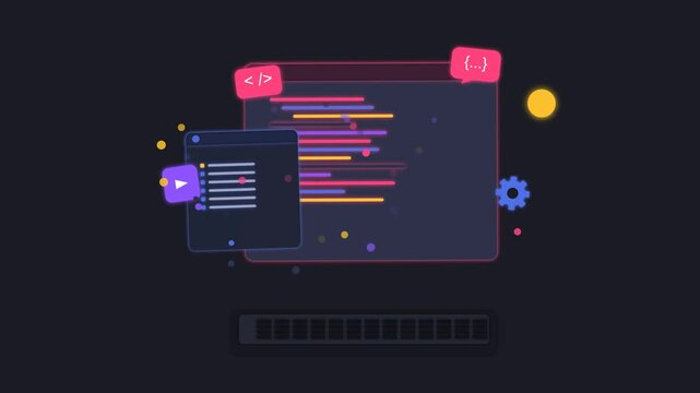 Animated coding and software development concept with interface windows and programming code on dark background