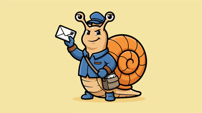 Friendly snail mailman carrying a letter and bag.