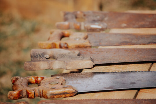Vintage Hand Saws with Wooden Handles Traditional Woodworking Tools