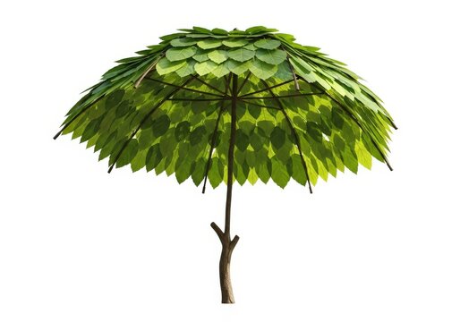 Creative green leaf umbrella with wooden branch handle symbolizing nature protection on white