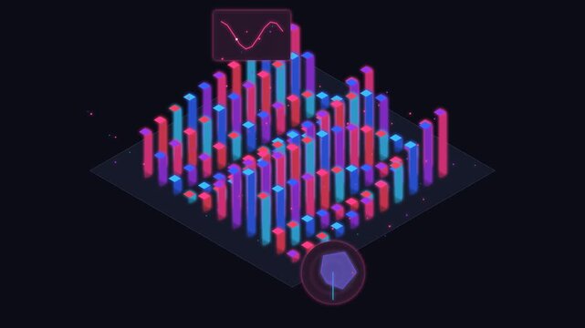 Isometric 3D bar graph and audio equalizer animation with neon pink and blue data visualization analytics