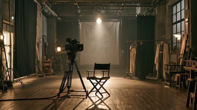 Film set director chair cinema camera studio light wooden floor costume rack empty stage vintage studio behind scenes movie production empty film set with director chair and cinema camera wooden