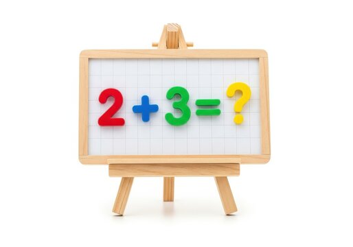Mini wooden easel whiteboard with colorful magnetic numbers showing simple math addition on white