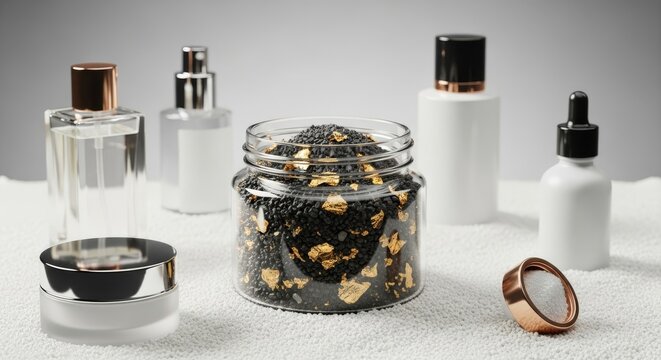 Premium black sea salt mixed with shimmering gold leaf flakes in a glass jar, placed on fine sand with upscale beauty products and bottles, shimmer, bath, glowing