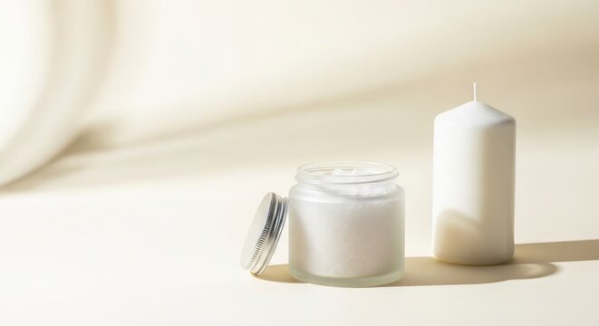 Premium frosted jar of bath salts with a minimalist platinum lid sits beside a white candle on a clean ivory background with soft shadows, neutral tones, still life, container