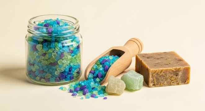 Premium glass jar of bath salts paired with a wooden scoop overflowing with crystals and a natural soap bar on a soft cream background, beauty, hygiene, handmade