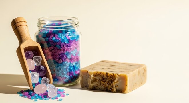 Premium glass jar of bath salts paired with a wooden scoop overflowing with crystals and a natural soap bar on a soft cream background, organic, minimalist, soft lighting