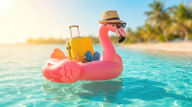 Funny pink flamingo pool float wearing a straw hat and sunglasses with a yellow suitcase floating on crystal clear ocean water