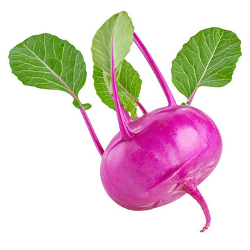 Bright magenta kohlrabi with vibrant green leaves isolated on transparent background PNG element