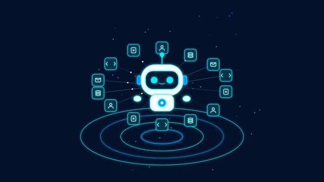 Cute ai chatbot character with glowing digital network icons and radar waves in a futuristic tech concept animation