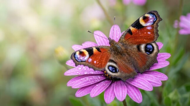 Peacock butterfly resting on purple flower with water droplets