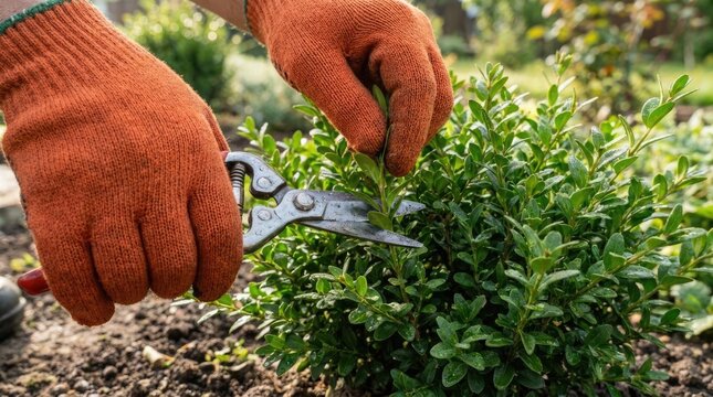 Hands in orange gloves trimming garden bush with shears