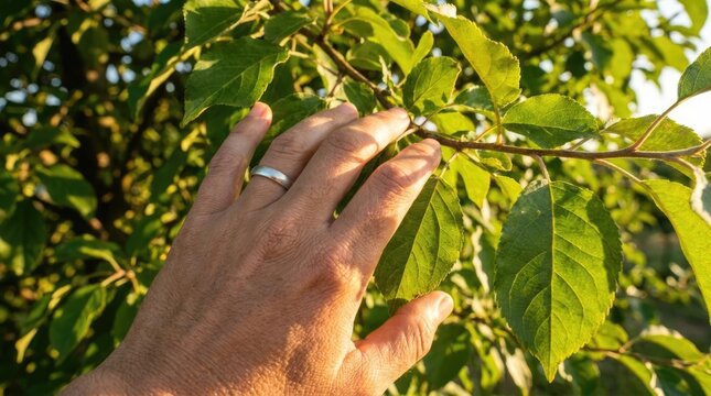 Hand with ring touching green leaves in sunny orchard