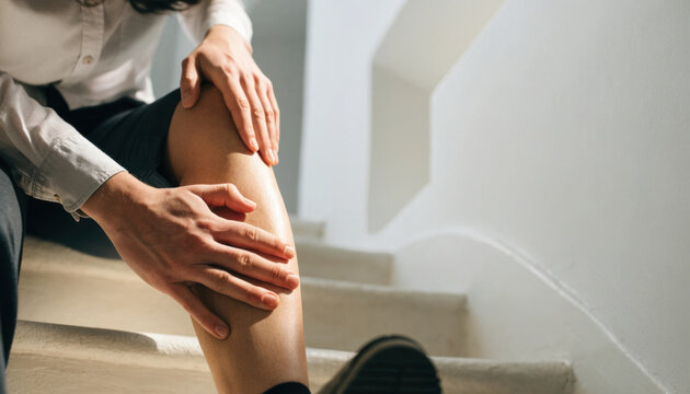 Person pain leg knee injury stair cramp muscle female health Person pain leg knee injury stair cramp muscle female health discomfort touch sitting joint stairway indoor
