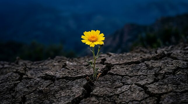 A single yellow flower growing through dry cracked earth against a dark blue background