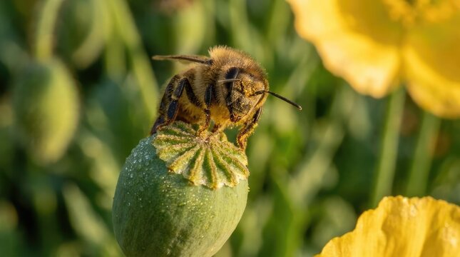 Honeybee on green poppy seed pod in golden sunlight
