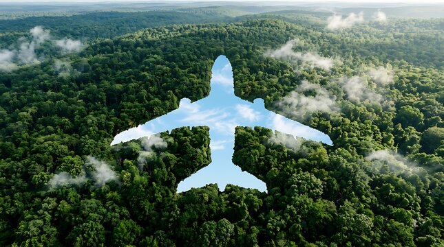 Airplane silhouette cut out of lush green rainforest aerial view showing blue sky