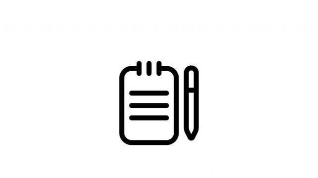 Notebook and pen outline icon looping animation, writing note symbol motion graphic for education, office and journal presentation design use case