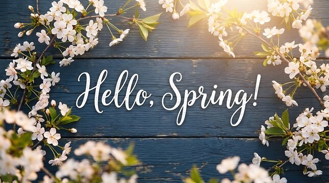 Beautiful spring cherry blossom flowers on a rustic blue wooden background with the text hello spring