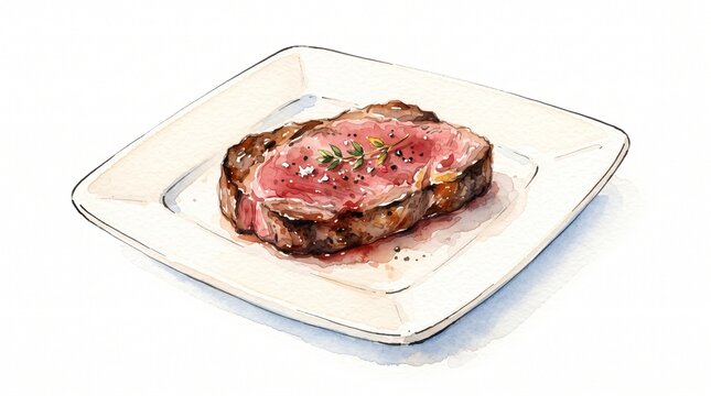 Watercolor illustration of a juicy grilled beef steak on a white plate, ideal for restaurant menus, food blogs, recipe books, culinary design, and advertising.
