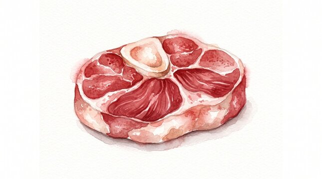 Watercolor illustration of raw beef shank steak with bone marrow