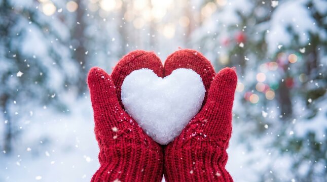 Person holding a heart shaped snowball in red knitted mittens during a snowy winter day with soft bokeh lighting