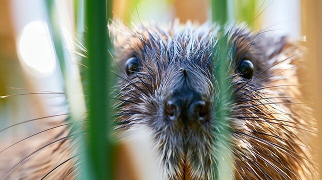 Close up portrait of a muskrat peering through green reeds