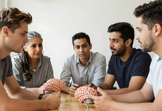 Mental health collaboration and neuroscience research, diverse team of professionals discussing brain models in a creative office meeting for medical study