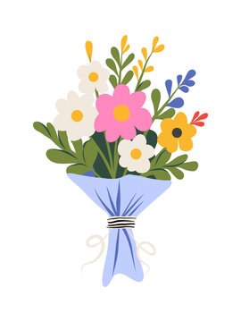 Wildflower Bouquet Vector Illustration Flat Style Blue Wrapping Paper