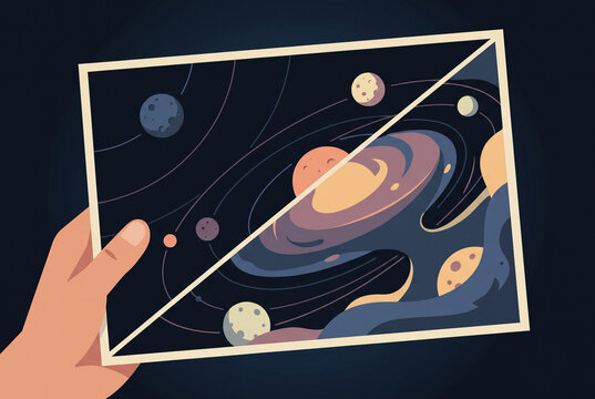 Cosmic illustration of hand holding a surreal space card design