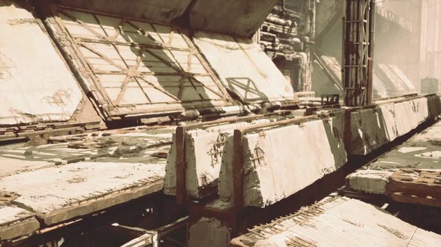 Rusted ship deck in warm sepia, detailed close up of corroded railings, weathered planks, bolted metal plates, sun faded paint and shadowed beams, cinematic