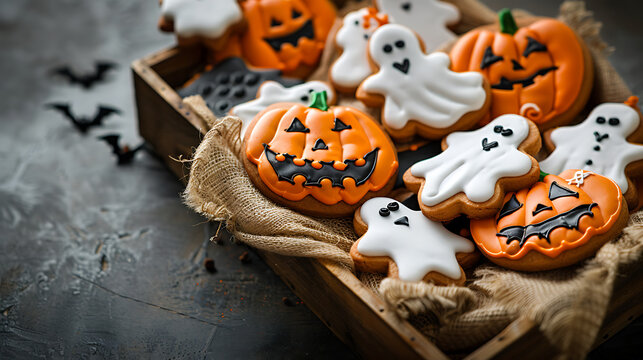 Overhead wide commercial shot of assorted Halloween cookies in a wooden tray with a dark grunge copy space