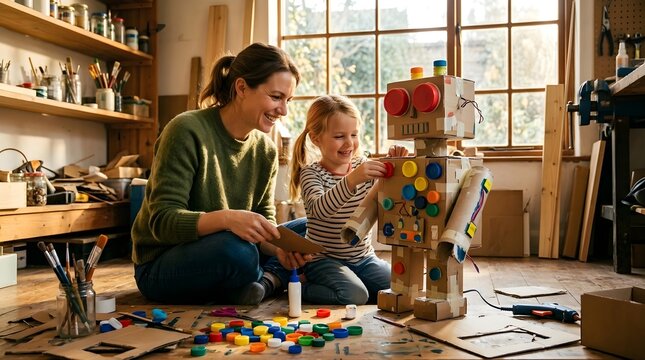 Mother and child creating a recycled cardboard robot in a creative workshop, family bonding and DIY craft project, playful and educational activity