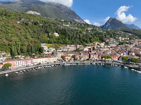 Aerial view of Lake Garda, Toscolano-Maderno, Chiesa dei Santi Faustino e Giovita - Monte Maderno, Province of Brescia, Lombardy, Italy