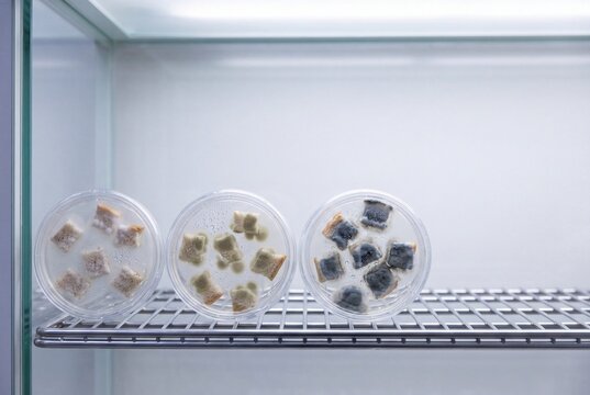 Three petri dishes showcase progressive mold growth on bread squares, ranging from white to green to black, illustrating microbial decomposition in a laboratory setting.