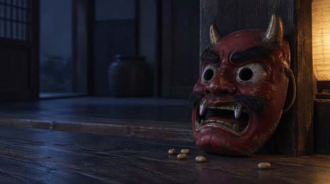 Japanese oni demon mask and scattered beans on a dark wooden floor