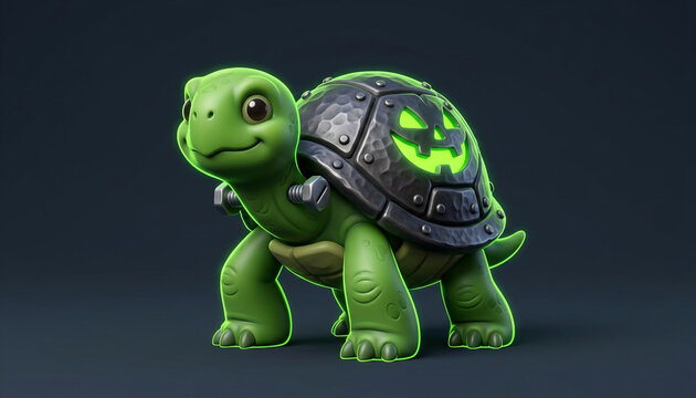 Conceptual 3D illustration of a cute green Frankenstein monster turtle character with neck bolts and a dark shell featuring a glowing green carved pumpkin face on a dark background