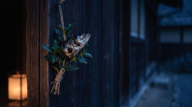 Hiiragi iwashi holly and sardine charm hanging at a dark doorway