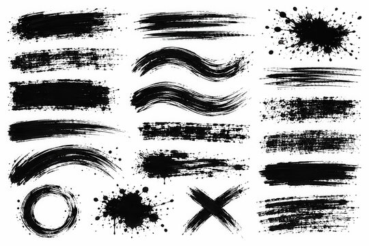 Black grunge ink brush strokes and distressed line collection isolated for graphic designers, branding, posters, printmaking, and creative projects