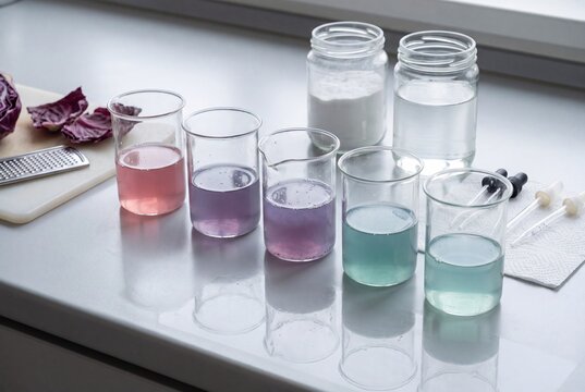 Red cabbage pH indicator experiment showcasing a spectrum of color changes in multiple beakers, demonstrating acid-base reactions for science education.