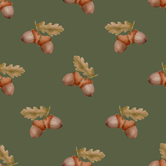 Dark Autumn  Seamless Pattern with Acorns Leaves and Botanical Motifs © Olha